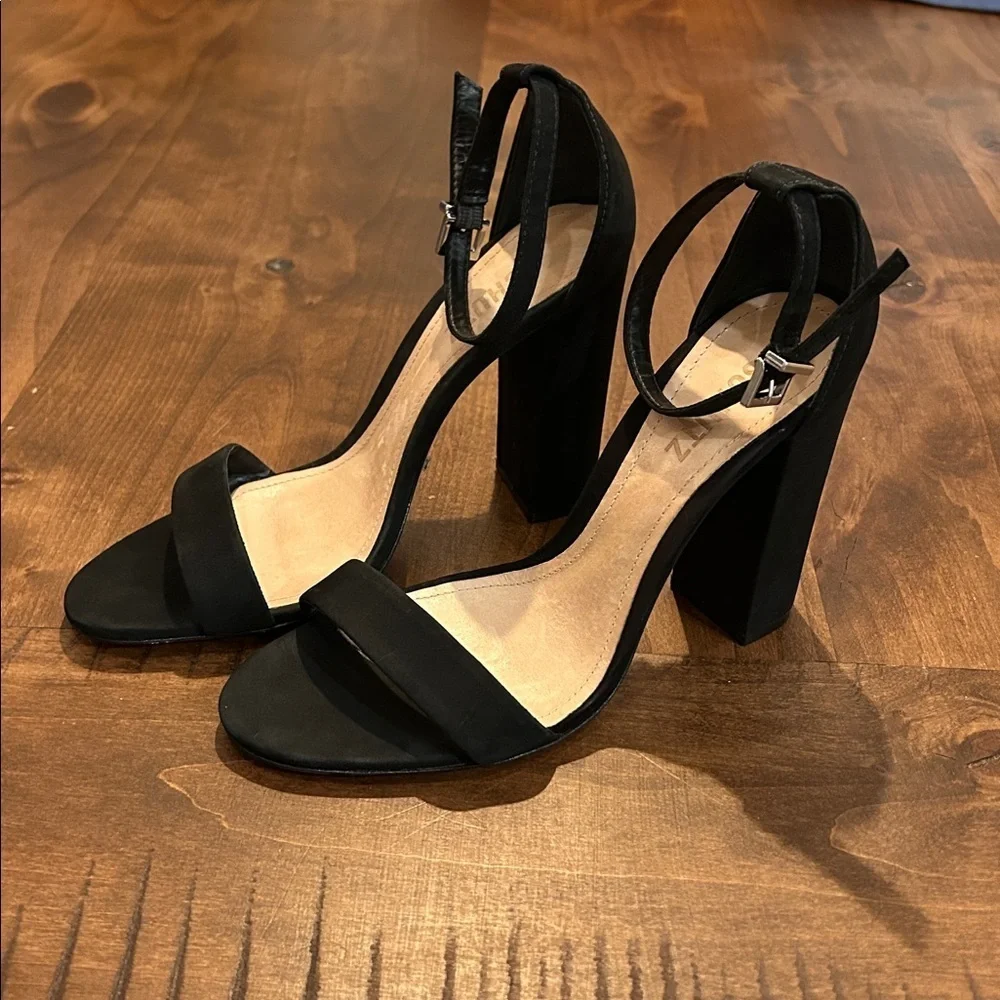 Schutz Black Suede Block Heel Ankle Strap Heels